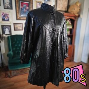 Vintage 80s Chosen Black Leather Swing Coat Soft Balloon Sleeve High Neck Jacket